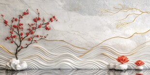 新中式水墨梅花山水背景墙