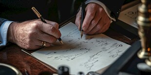 两人桌边握笔书写信件