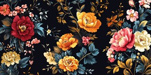 复古繁花黑色背景图案