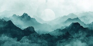 水墨群山间的朦胧月色