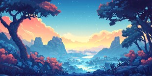 梦幻黄昏山林河谷美景