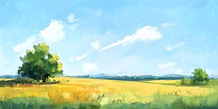 夏日田野风光绘画