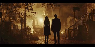 黄昏下情侣漫步神秘街巷