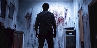 男子凝视满墙血迹房间