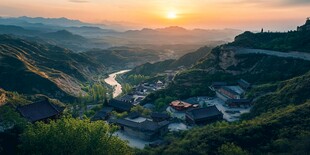 山间村落迎绝美落日风光