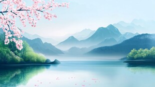 春日山水图 湖畔桃花绽