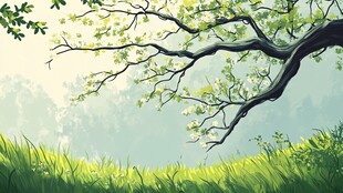 春日绿野中的伸展树枝