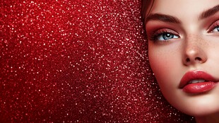 红闪背景下的精致美妆女性