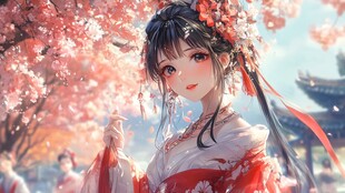 春日汉服少女漫步樱花下