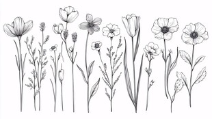 手绘花卉线条插画集合