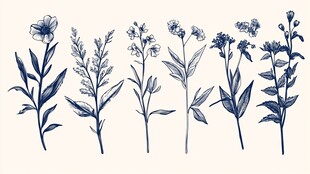 手绘蓝调花卉植物集合