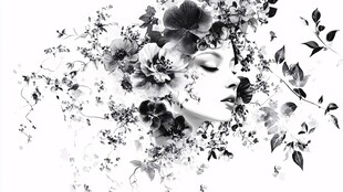 黑白花卉环绕的梦幻面容