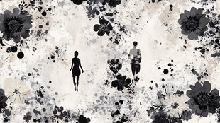 黑白花丛中漫步的两人