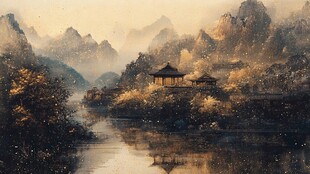 秋日山水间的静谧亭阁