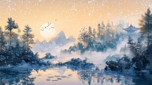 山林湖畔 日暮诗意美景