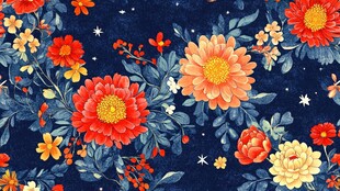 深蓝底繁花绽放花卉图案