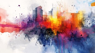 水彩风格的现代城市景观