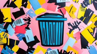 多彩纸屑中的蓝色垃圾桶