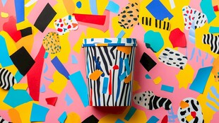 多彩几何图案中的创意纸杯