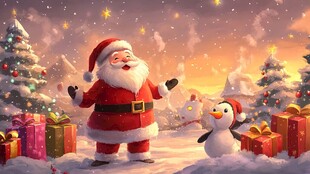 圣诞老人与企鹅的欢乐雪景