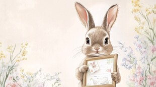 兔子持框于花丛中