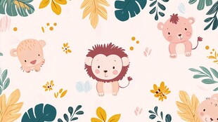 可爱狮子与植物卡通图案