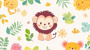 可爱小狮子与花卉植物图案