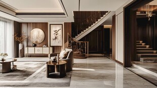 新中式奢华客厅与楼梯空间