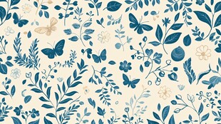 蓝白花卉蝴蝶无缝图案