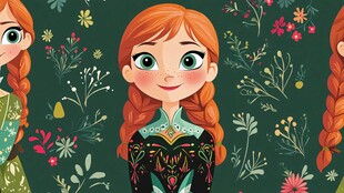 红发女孩与花卉图案背景
