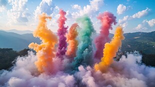 彩色烟雾绽放山间美景