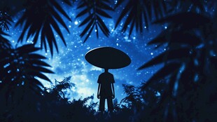 星空下撑伞的孤独身影