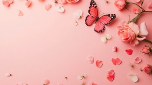 粉色浪漫 蝴蝶与玫瑰之景