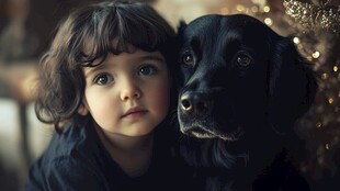 小孩与黑狗的温馨瞬间