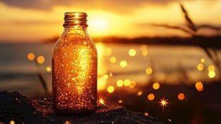 夕阳下的梦幻闪光玻璃瓶