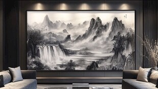 中式客厅中的山水墨画