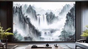 中式客厅的山水巨幅壁画