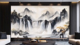 中式客厅的山水壁画景观