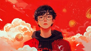 红衣少年置身梦幻红云间