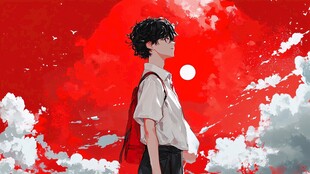 少年立于红空下的孤寂身影