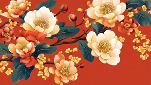 中式繁花图 红底牡丹绽放