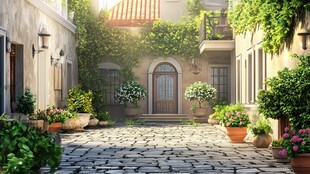 阳光洒落的古朴庭院小巷