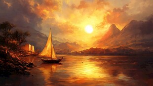 夕阳下的静谧帆船风景