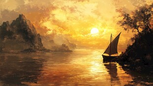 夕阳下的江畔孤舟美景