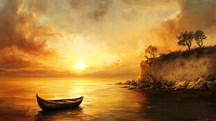 夕阳下孤舟静泊海岸