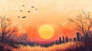 夕阳下的田野与飞鸟景色
