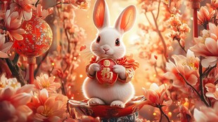 玉兔贺春 繁花簇拥