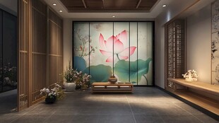 中式玄关 荷花壁画雅致空间
