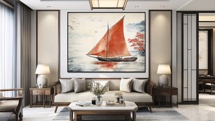 中式客厅挂帆船画显雅致