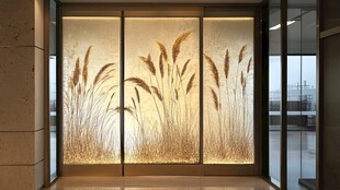 艺术玻璃上的金色芦苇图案